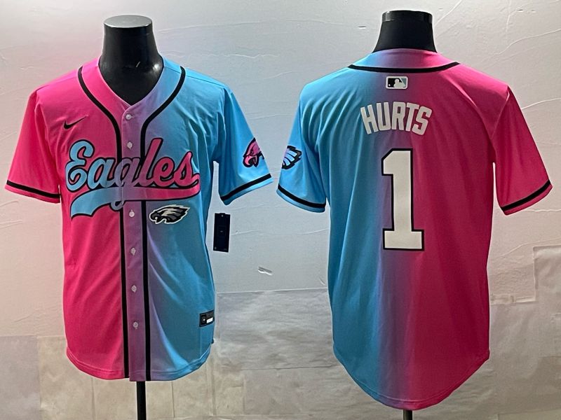 Men 2025 Philadelphia Eagles 1 Hurts Blue pink Nike Limited NFL Jersey style 011